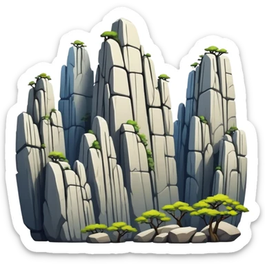 Kunming Stone Forest karst landscape Yunnan, simplified emoji style with bold outlines and bright colors, cartoon style tall rock formations sticker