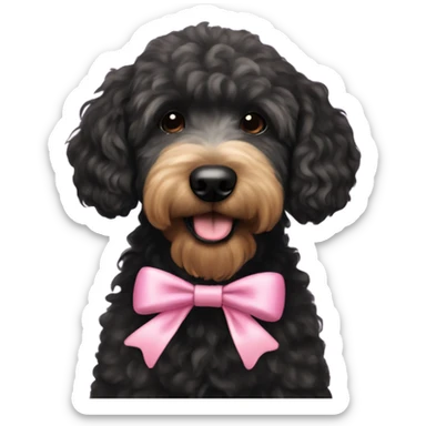 A black golden doodle with a coquette bow sticker