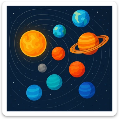 solar system with all eight planets, colorful, each planet distinct, vibrant colors, stylized, each planet unique and recognizable, simple and clear, each planet a different color, arranged in orbit sticker
