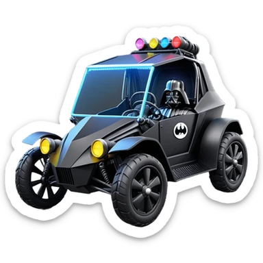 Mad max survival apocalypse ghostly sporty Darth Vader’s Batman-armored 1876 black graphite colored school buggy with horizontal holographic 3d stars painted on the body sides and neon under glow  sticker