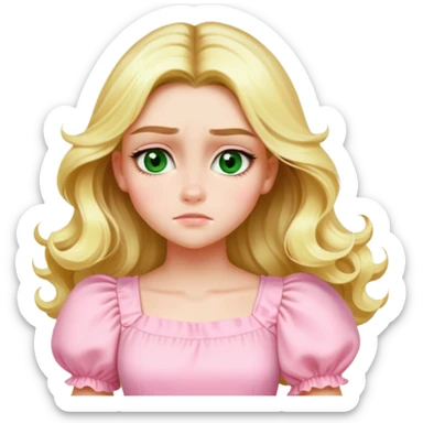 Create an emoji-style illustration of a blonde girl with long wavy hair, green eyes, and a pink pastel puff-sleeve dress, matching the Apple emoji style of the reference image. Keep her facial features, hairstyle, and outfit identical. Generate a joyful expression. sticker
