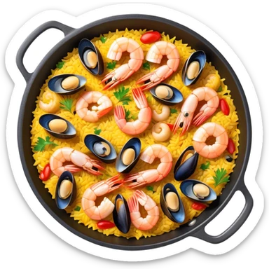 seafood paella in a pan with shrimp, mussels, rice, and saffron sticker