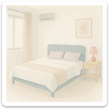 soft watercolor illustration of a double bed hotel room in a minimalist modern style, pastel colors, delicate linework, gentle whimsical mood, minimal soft shading sticker