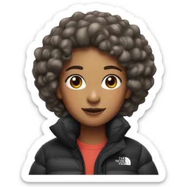 a girl with curly hair in a north face puffer w sticker