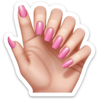  pink close-up of a hand with beautifully manicured nails, glossy pink nail polish, elegant nail shape, soft lighting and shadows, realistic style, sticker