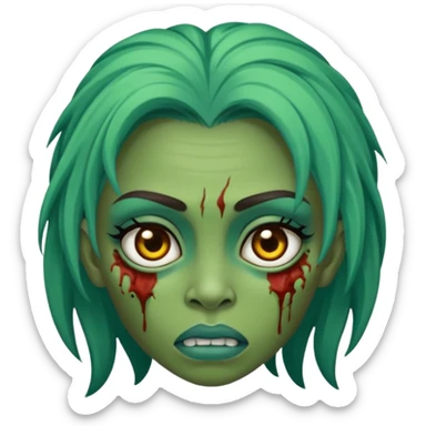 Faça um zumbi feminino, com cabelo loiro e olho azul, com algumas feridas abertas no rosto, cabelo longo, e pele verde, um rosto sem expressão sticker