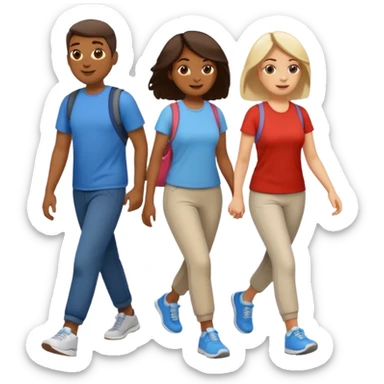 iOS emoji style - a men and 2 women in casual clothes and wearing trainers - friends walking quickly together

 sticker