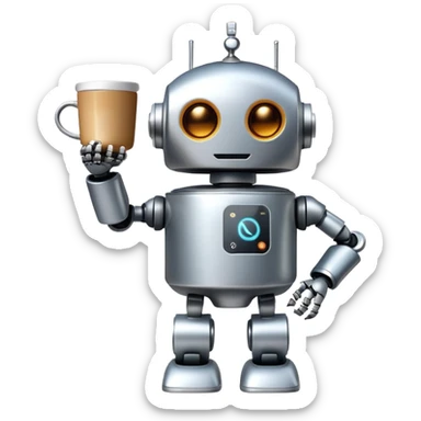 A cute robot holding a steaming coffee mug sticker