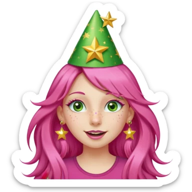 A girl with long pink hair and green eyes with long eyelashes and a happy face. She has freckles and a lit of bit of pink lipstick on her mouth, she’s also got a full gold birthday party hat on her head with gold pom poms on top of it, and her T-shirt is all red, she wore gold star earrings  sticker