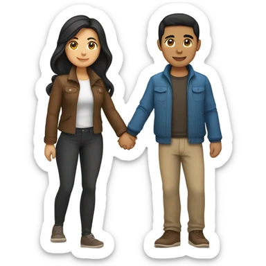 a couple holding hands. the guy has black middle part hair and is Persian and Filipino mix, wearing a jacket. the girl has brown hair white and asian mix, wearing a crop top. sticker