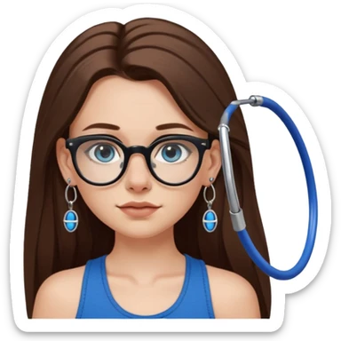White girl with long brown hair, part going more to the RIGHT side, BLUE eyes, wearing BLACK plastic frame glasses. SEPTUM nose piercing hoop (at bottom of nose) AND stud nose piercing on right side of nose. Wearing BLACK tank top. Wearing big hoop earrings. NOOO necklace! sticker