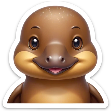 Cinematic Cute Platypus Portrait Emoji, Head tilted playfully and inquisitively, featuring a glossy brown fur with a charming, flat duckbill and round, sparkling eyes brimming with quirky wonder, Simplified yet irresistibly adorable features, highly detailed, glowing with a warm, friendly glow, high shine, affectionate and whimsical, stylized with a touch of aquatic playfulness, bright and endearing, soft glowing outline, capturing the essence of a mischievous yet lovable platypus, so playful it feels like it could waddle out of the screen into your arms! sticker