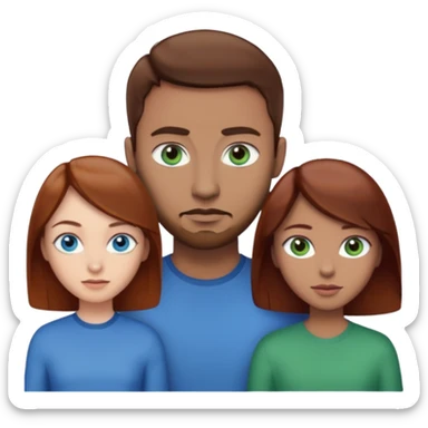 One woman with blue eyes, brown hair, light skin standing next to another woman with darker red brown hair, lighter skin, and green eyes, standing next to a man with no facial hair, blue eyes, and short brown hair sticker