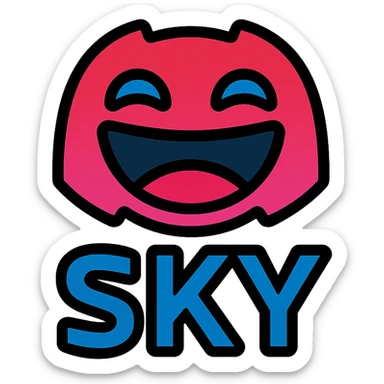 Discord game alliance logo for 'SKY' vibrant energetic look, stylized laughing face, bold outlines, mix red pink violet blue, word 'SKY' part of design, lively gaming-inspired feel sticker