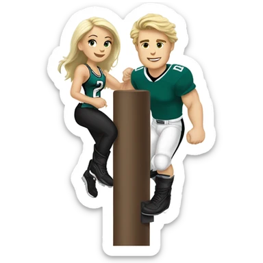 Brunette white female and blonde male with light skin who are both eagles fan climbing up a pole sticker