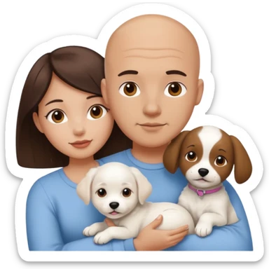 Bald guy with brunette girl and white puppy sticker