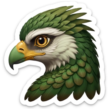 close up, zooming into the eye at the side profile of the face of a green hawk that is looking away from the camera sticker