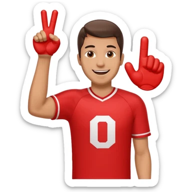 A cheerful man in a team jersey, waving a giant red foam finger high with an excited grin. sticker