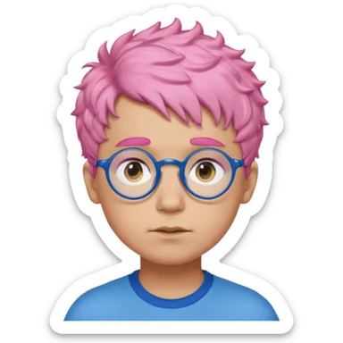 boy with short, curly pink hair, matching blue eyebrows, light brown skin, round black glasses, and a neutral facial expression. sticker