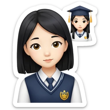 fashionable Asian schoolgirl with long straight black hair, stylish school uniform sticker