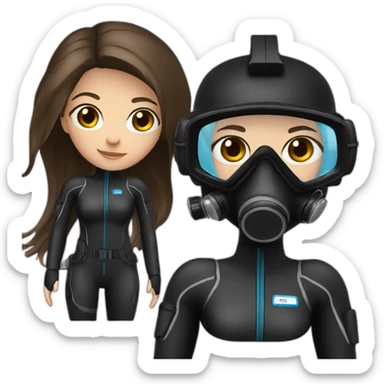 a woman with an a black scubadiver suit. she wear a pink diving mask, she has blue eyes inside the dive mask. brown long and straight hair sticker