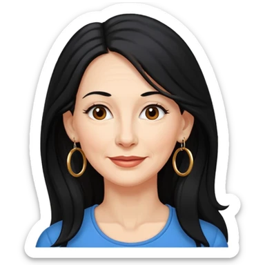 emoji of a woman in her 50s, long black hair, wearing hoop earrings, friendly expression sticker