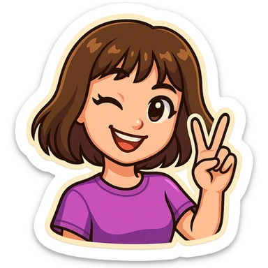 Create a Telegram sticker style character of a cheerful girl inspired by Russian singer Dora. She is smiling, winking with one eye, and showing a V sign with her fingers. Match the style, color palette, and shading of the provided sticker reference, including big expressive eyes, simple shapes, soft shadows, white border, and transparent background. sticker