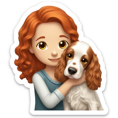 A very cute girl with red hair cuddling a happy English Cocker Spaniel. sticker