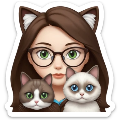 O data cu parul saten ,ochii griji-albastrii ,ochelari și codițe de pisica ..și langa o pisicuță alba pufoasa ,cu ochii verzi și o a doua pisica siameza pufoasa cu capul maro -negru și coada ,restul corpului un maro deschis spre alb  , ochii albaștrii sticker