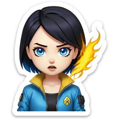 Black hair cyberpunk 2077 chibi girl with blazing blue eyes and yellow jacket from the animation show cyberpunk edge runners. All emotion reactions sticker
