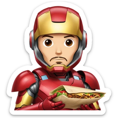 Tony Stark eating a delicious shawarma wrap, wearing his Iron Man suit with the helmet retracted, looking satisfied and slightly messy, comic book style, vibrant colors, simple and expressive emoji design sticker