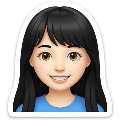 pretty white girl with long black hair and thick bangs, cheerful and cute, emoji style sticker