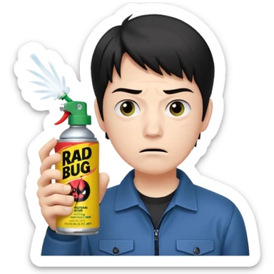 Gojo Satoru using a can of raid bug spray looking disgusted sticker