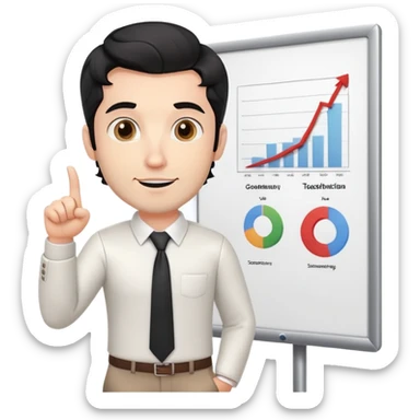 Professional 35-year-old man with black wavy hair, stubble, strong jawline, white skin tone, wearing smart casual business attire, standing and pointing at a presentation chart, teaching pose sticker