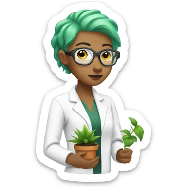 cyborg scientist wearing a lab coat and holding a small plant, woman with green hair, undercut hair cut sticker