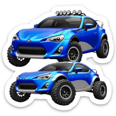 Dirty raced jacked 2013 scion fr-s ultramarine off road 4wd monster Baja dessert stadium racer number 86 with long travel suspension, shiny silver wheels, exaggerated wide black fender flares  sticker