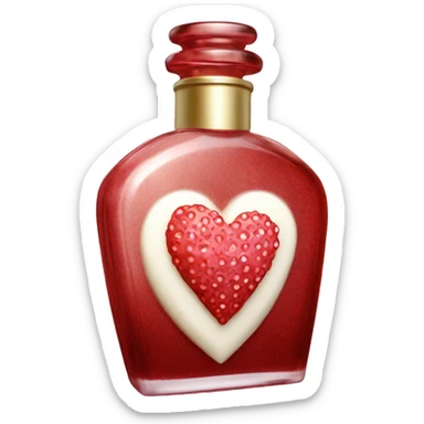 Antique heart-shaped parfumerie bottle with butter, made of red crystals, white cream and pink strawberry milk pour from the bottle sticker