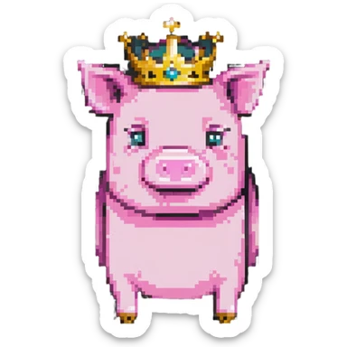 Minecraft pig full body pink blocky animal with square head wearing a crown sticker