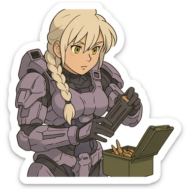 female, wearing reach spartan armor default, long white braid hair with massive messy front side single bangs, gold yellow eyes, attention pose, HALO:series, no helmet, the armor is lavender color scheme, shoulder pad off. DDD bust size fitting. Punk gothic cyberpunk, loading a magazine from a green ammo box sticker