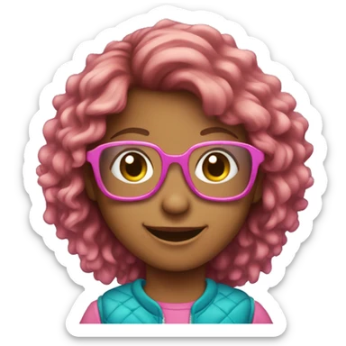 smiling Cooper Haired girl outdoors with pink glasses sticker