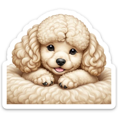 Meme-Worthy Cute Sleeping Cream Poodle Portrait Emoji, Head resting peacefully with a contented smile, showcasing a delightfully elegant build and a luxuriously soft, curly cream Fur, eyes shut in a serene nap, Simplified yet hilariously adorable features, highly detailed, glowing with a soft, drowsy light, high shine, relaxed and utterly lovable, stylized with an air of playful laziness, bright and heartwarming, soft glowing outline, capturing the essence of a comically sleepy companion, so meme-worthy it feels like it could instantly become the next viral sensation of adorable slumber! sticker