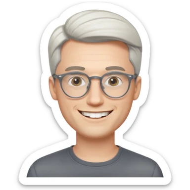 30 yr old pale white man, white/grey side swept stylish hair, round glasses, big smile, white teeth, handsome, longer hair, thin glasses,  smooth forehead, open collar, trendy sticker