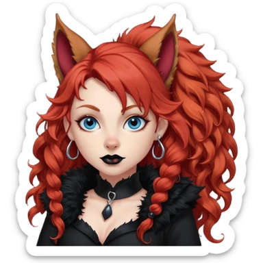  long curly red hair (darker), red pointed ears with black trim, black goth outfits, body and face human, blue eyes, more pointy chin, black lipstick, big fluffy red squirrel tail with black tips, like the attached photo with more outfits and poses,  sticker