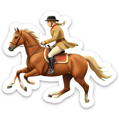 An icon showcasing a majestic horse and rider in full gallop across a lush green field. The background features a clear sky, distant mountains, and a vibrant landscape. The rider wears traditional gear, while the horse leaps with grace and power.  sticker
