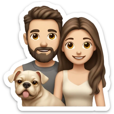Brunette happy couple boy with beard and girl  with long hair with one cute beige French bull dog  sticker