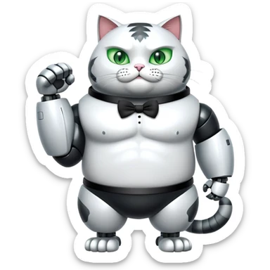 Robot Buff Jacked up Huge jumbo Super Duper Muscular Cat with a 10 pack full body black and white tuxedo colored body and green eyes and abs sticker