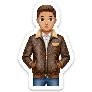 stylish man wearing Louis Vuitton jacket with LV monogram pattern sticker