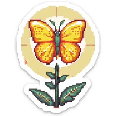 Blue smiling butterfly in springtime with pixel flowers and sunshine sticker