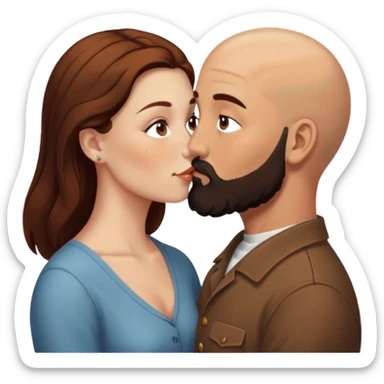 Couple. Bald man with dark brown-black beard. White woman with many small, faded freckles, she has white skin and she has auburn-brown-cinnamon, dark long hair. She has light brown eyes. The man have hazel eyes. Retro style. They kiss. sticker