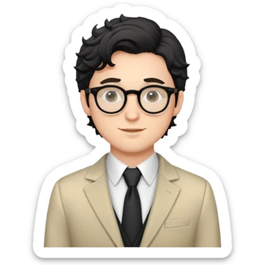 Young caucasian man with black wavy hair, round glasses, semi-formal theater outfit with blazer and collared shirt sticker